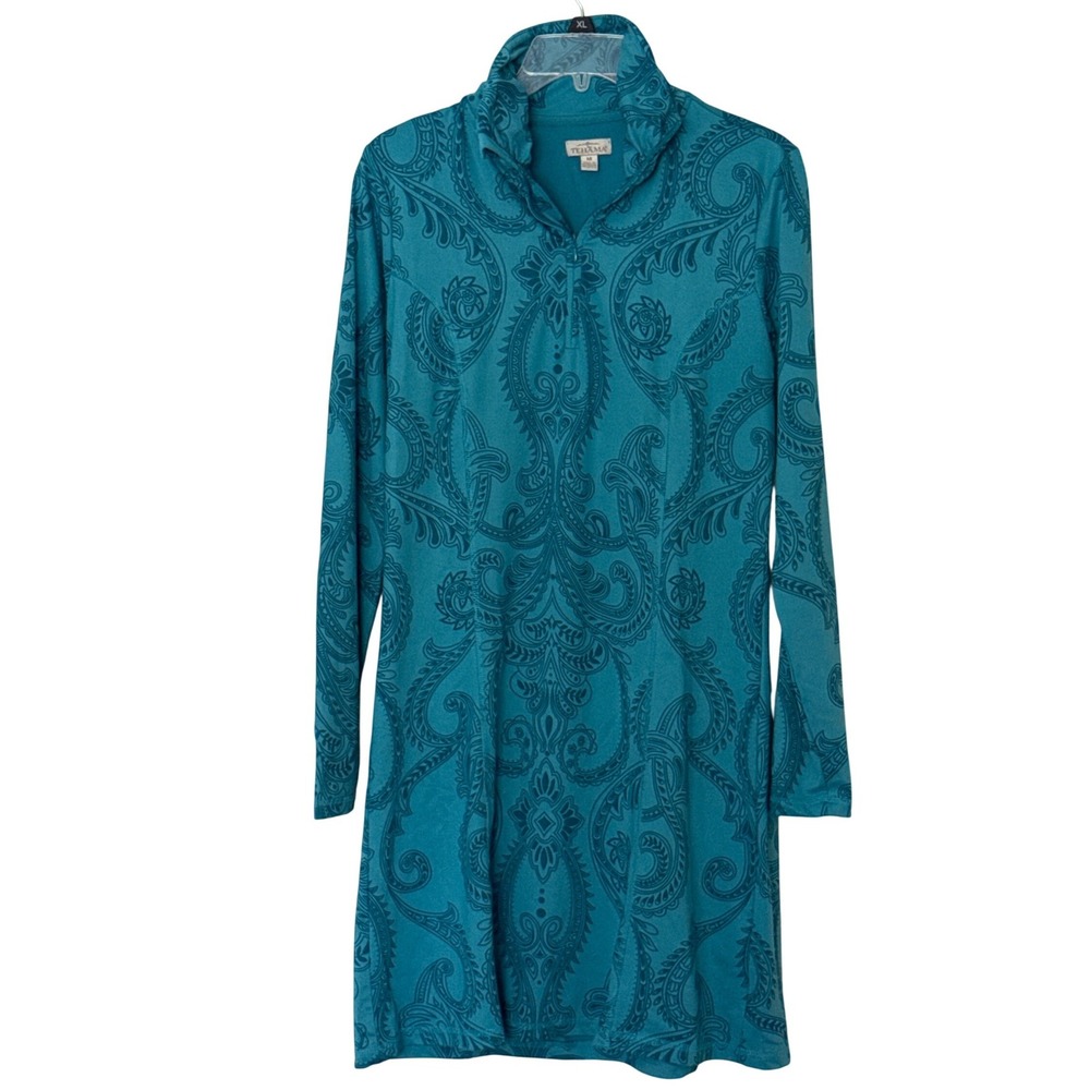 Tehama Dress Teal Paisley Quarter Zip Mock Neck Womens Medium